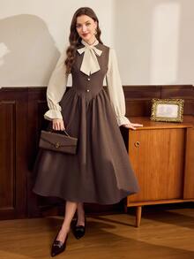 Vintamour Women's Fashion 2in1 Pleated Bow Design Long Dress - Brown - View 4