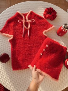 Comfortcana Women's Short Fitted Short Sleeve Top And Shorts Trim Color Block Knit Sweater 2 Pieces Set - Red - View 4