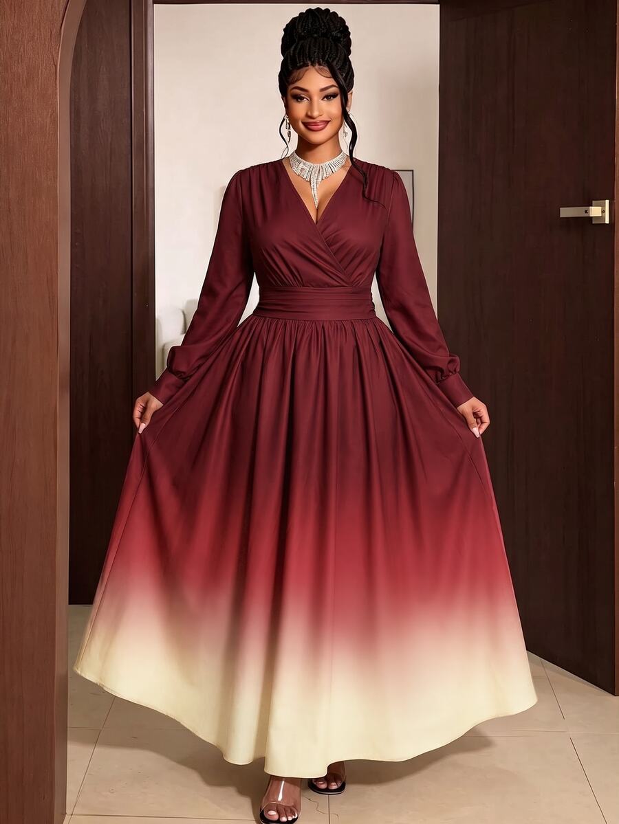 Maweii Gaun Plus Ombre Leher Surplice Lengan Lentera Musim Gugur - Merah - View 1