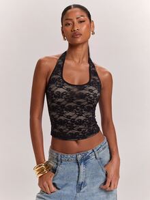 SHEIN BAE Women's Black Lace Fitted Fashion Halter Tank Top - Black - View 3