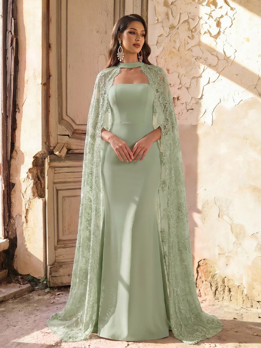 Aureia فستان زفاف أنيق فاخر رومانسي محبوك بدون حمالات مع شال دانتيل قابل للفصل وذيل سمكة حورية لمشهد الزفاف - أخضر نعناع - مشاهدة 1