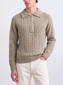 Manfinity Homme Men's Cable Knit Raglan Sleeve Zip-Up Casual Sweater - Khaki - View 2