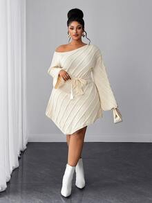 Maweii Plus Size Women's Knitted Dress, Straps, Off-Shoulder, Figure-Hugging And Sexy, Autumn/Winter - Apricot - View 5