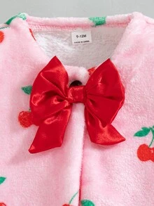 SHEIN 1件幼童女童人造毛皮外套可愛甜美粉紅紅櫻桃蝴蝶結毛茸茸長袖圓領加厚派對冬季秋季假期 - 粉色 - 查看 4