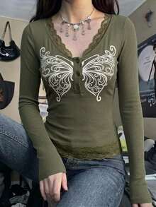 Strévra Women's Butterfly Print Contrast Lace V-Neck Button Placket Long Sleeve T-Shirt Graphic Tees - Green - View 6