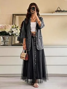 Selenza تنورة جينز أنيقة للنساء مقاس كبير بصف واحد من الأزرار مع شبكة متباينة - الأسود - مشاهدة 1