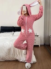 Napfluff Star Pattern 3D Ear Design Hooded Jacquard Flannel Comfortable Sleep One-Piece Suit, Fluffy And Soft, Suitable For Autumn And Winter Wear - Pink - View 3