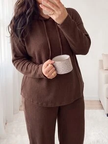 Shapeblank Women's Plus-Size Brown Two Pieces Set: Stylish, Casual Lounge Baggy, Loose-Fit, Stretchy, Warm, Comfortable Hoodie Pants Summer Thanksgiving Formal - Brown - View 6