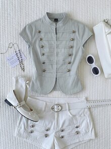 Comfortcana 女款拿破崙夾克 純色拿破崙鈕扣裝飾 都市文藝復興街頭風 休閒時尚創意個性街頭穿搭 - 淺藍色 - 查看 8