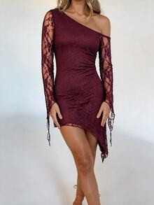 Avenya 極簡主義不對稱下擺提花針織不對稱肩帶洋裝 - 酒紅色 - 查看 5