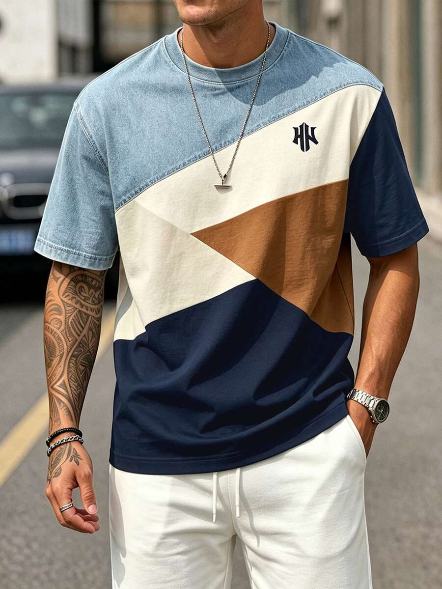 Sorvial Plus Size Men's Round Neck Geometric Print Short Sleeve Fashion Versatile T-Shirt - Multicolor - View 1