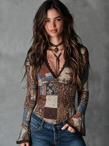 Glimmora Vintage Patchwork Plaid Print Sexy Long Sleeve Top, Deep V-Neck Lace Cuff Flare Split Slim Fit Elastic Autumn Base Layer - Multicolor - View 3