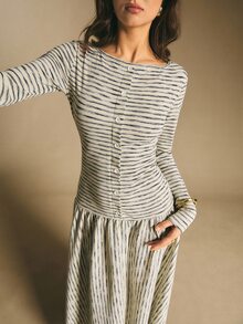 Poéselle 女款時尚度假條紋拼色長袖洋裝 - 灰色 - 查看 3
