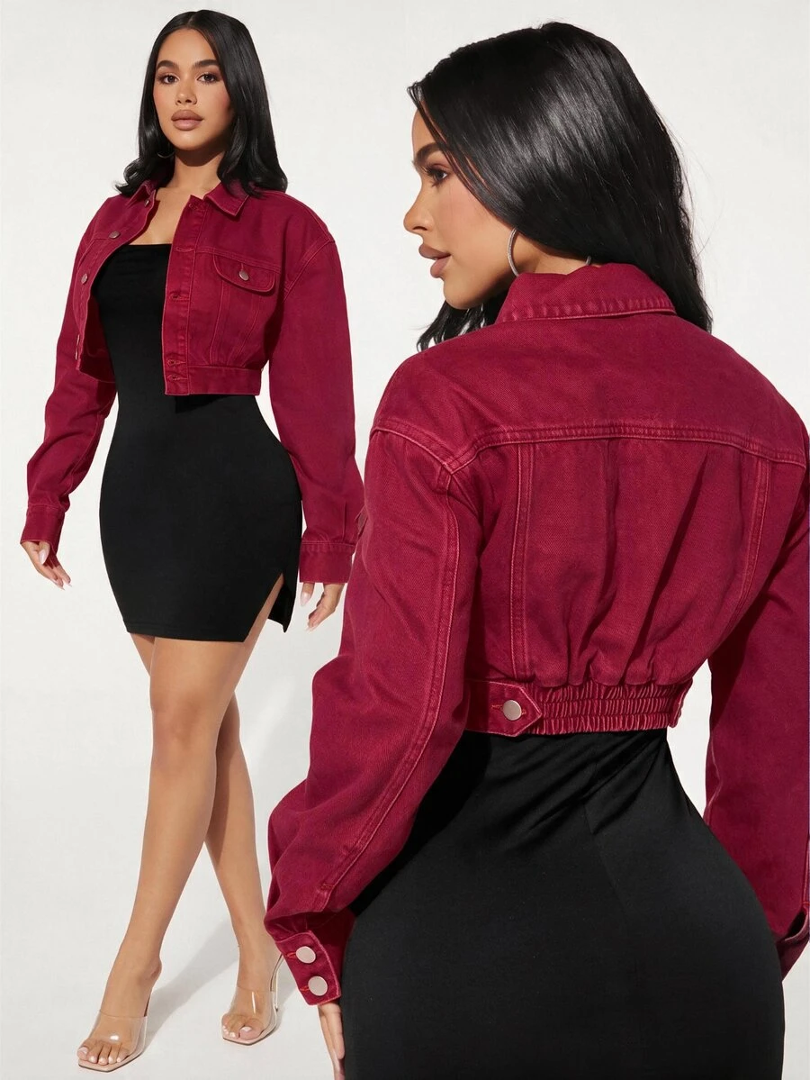 SHEIN SXY 女款前扣長袖牛仔夾克 - 酒紅色 - 查看 1