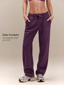 GLOWMODE 30'' Everyday Fleece Wide Leg Adjustable Drawstring Waist Basic Joggers Sweatpants With Side Pockets Daily Casual Fall Winter - Purple - View 4