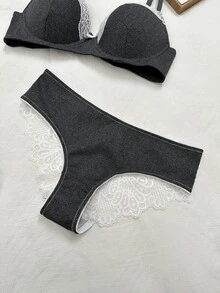 Napfluff 1 Set Light Gray Lace Patchwork Women's Underwire Bra And Lace Patchwork Triangle Panty Set - Dark Grey - View 7