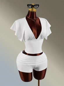 Amplova Women's White V-Neck Ruffle Backless Super Short Tight Shorts Set - White - View 4