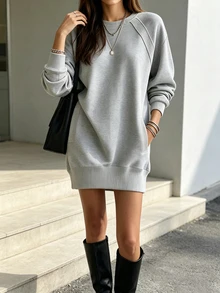 Trelyra Women's Solid Color Round Neck Dropped Shoulder Long Sleeve Casual Sweatshirt Dress - Grey - View 3