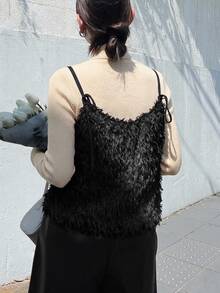 FRIFUL 女款素色米色人造毛分層修身百搭背心上衣 機場旅行街頭風 秋冬款 - 黑色 - 查看 5