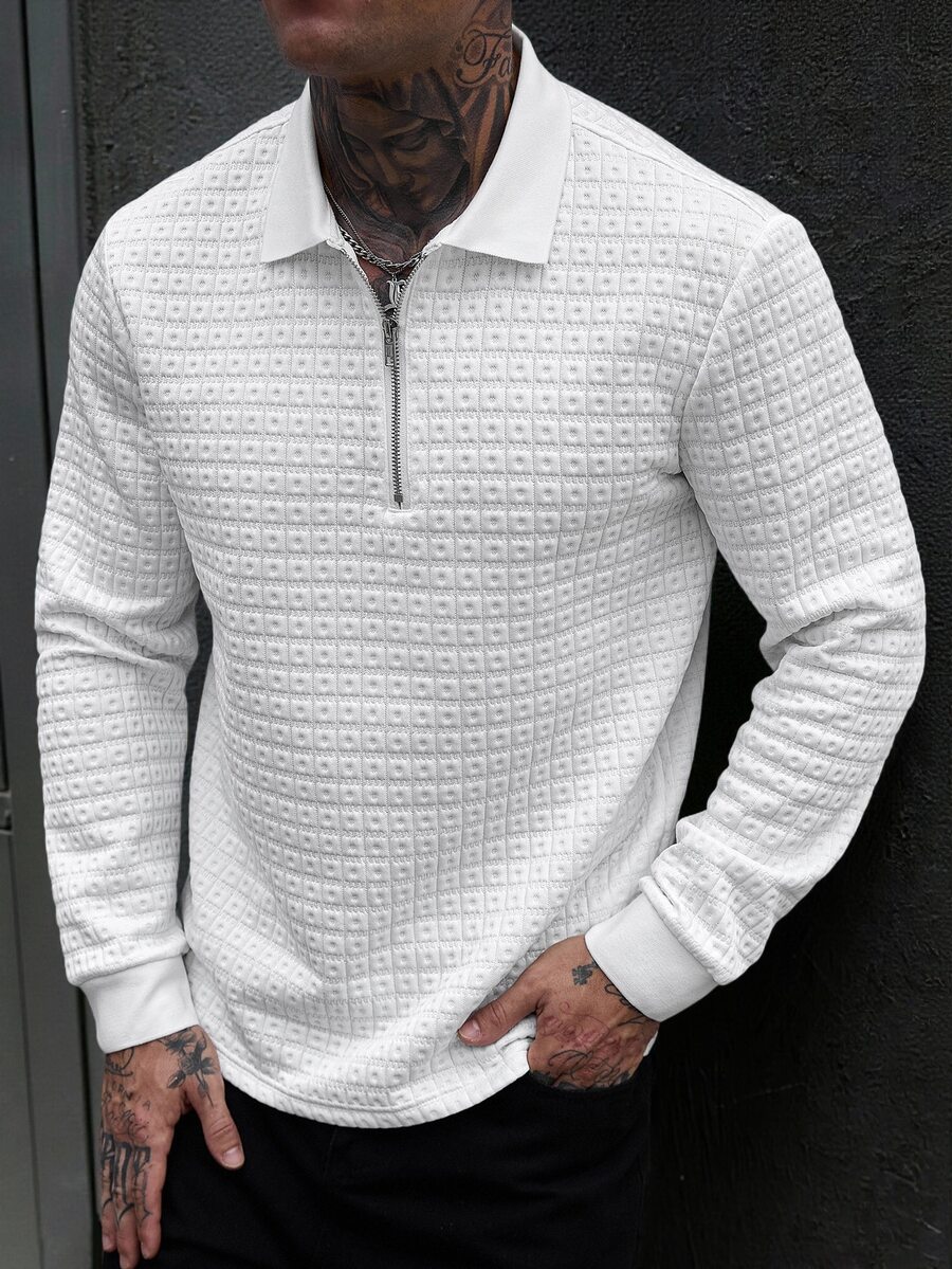 Manfinity CasualCool Men's Textured Long Sleeve Zipper Design Casual Polo Shirt - White - View 1