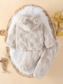 SHEIN 2件組幼童男童連帽衛衣長褲套裝 可愛米色 3D熊耳朵 格紋紋理 毛茸茸長袖連帽加厚戶外秋冬毛絨 - 卡其色 - 查看 2