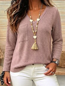 Linhara Plus Size Women's Fashion Minimalist V-Neck Ribbed Knit Long Sleeve Top With Pockets, Slim Fit Flattering Daily Commute Casual Outing Base Layer Fall - Dusty Pink - View 4