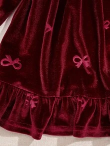 Baby Girl Bowknot Jacquard Velvet Peter Pan Collar Waist Cinched Pleated Ruffle Thick Dress Suitable For Winter And Christmas - Burgundy - View 7