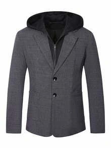 Manfinity Mode Men's Old Money Grey And Black Colorblock Hooded 2 In 1 Suit Jacket, Casual Textured Two-Button Loose Fit Versatile Commuter Blazer, - Dark Grey - View 2