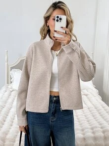 Easowa Áo khoác ngoài cổ cao kéo khóa nữ - Màu Khaki - Xem 3