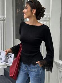 Flora Isola Flora Isola Women's Autumn/Winter Cinched Waist Ruched Lace Trim Patchwork Casual Commuter T-Shirt Top - Black - View 5