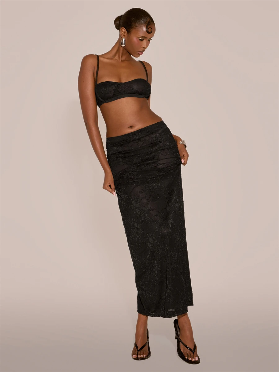 MUSERA Lacey Strappy Cropped Top With Low Rise Maxi Skirt Sexy Evening Night Going Out Fall Winter Autumn Solitude - Black - View 1