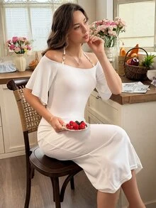 Snug Reverie Halter Neck Fitted Nightgown, Minimalist Bodycon Off-Shoulder Loungewear Dress - White - View 3