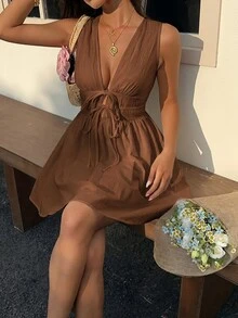 SHEIN EZwear 女款深V領收腰梭織無袖迷你洋裝 - 棕色 - 查看 8