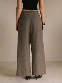 Poéselle Women's Plaid Pleated Fashion Commuter Wide Leg Suit Pants - Brown - View 2