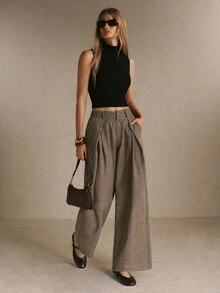 Poéselle Women's Plaid Pleated Fashion Commuter Wide Leg Suit Pants - Brown - View 3
