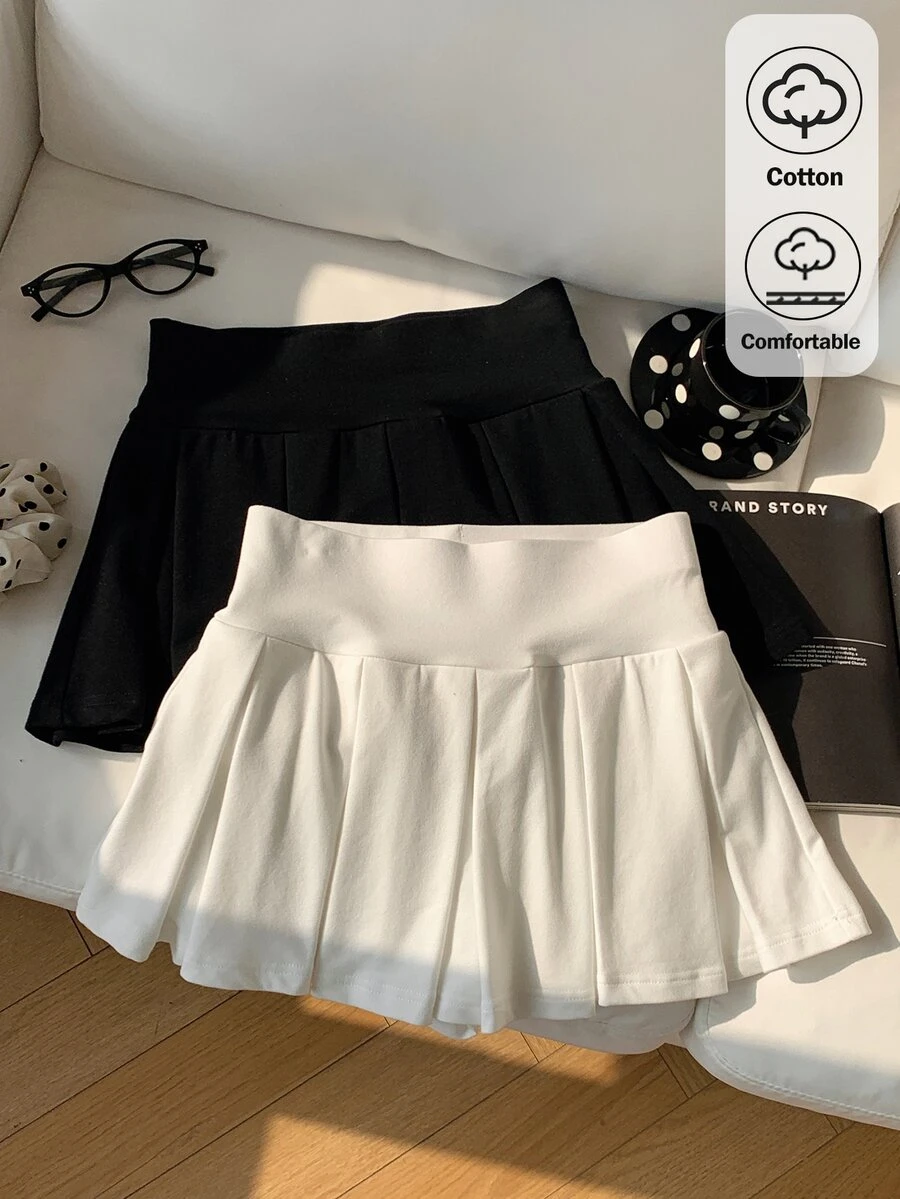 Comfortcana 2-Piece Women's Solid Color Casual Versatile Pleated Skirt - Black and White - View 1