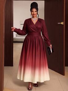 Maweii Gaun Plus Ombre Leher Surplice Lengan Lentera Musim Gugur - Merah - View 3