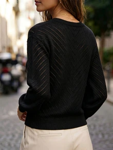 SHEIN Women's V-Neck Button Decor Long Sleeve Solid Color Hollow Out Sweater - Black - View 5