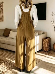 Zayélia Women's Autumn Solid Color Pocket Design Pleated Wide Leg Overall Jumpsuit - Khaki - View 2