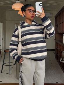 Muchica Women's Striped Pattern Hooded Drop Shoulder Sweatshirt, Casual Commute - Multicolor - View 4