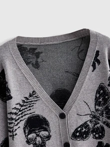 ROMWE Dark Gothic Skull Moth Plant Jacquard Loose Knit Cardigan - Dark Grey - View 4