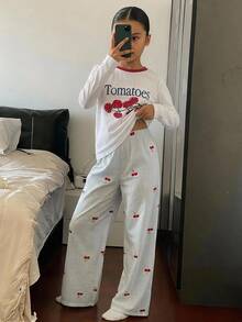 Dazy Kids 對比色圓領圖案印花休閒女童家居服套裝 秋季 - 白色 - 查看 4