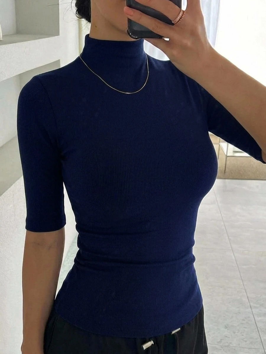 DAZY 女款高領修身短袖休閒T恤 - 藏蓝色 - 查看 1