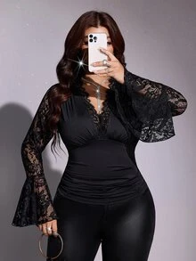 Viva Relle Plus Size Mature Style V-Neck Lace Patchwork Ruffle Bell Sleeve Base Layer Top, Ruched Cinched Waist Sheer Hollow Out Long Sleeve Black Sexy Inner Layer Blouse For Date - Black - View 6
