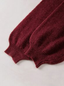 SHEIN 麻灰米色前領結針織上衣，寬鬆氣球袖短版毛衣，柔軟休閒 V 領針織衫 - 酒紅色 - 查看 3