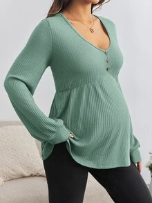 SHEIN Maternity Button-Front Long Sleeve V-Neck Loose Fit T-Shirt - Green - View 4