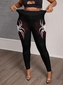 Slaydiva Plus Size Women Spider Print Black Leggings Halloween - Multicolor - View 1