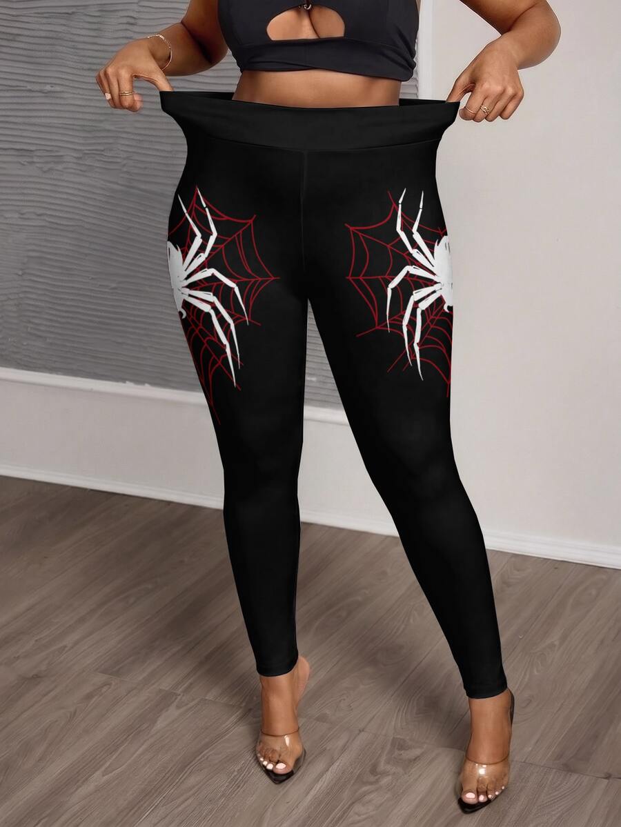 Slaydiva Plus Size Women Spider Print Black Leggings Halloween - Multicolor - View 1