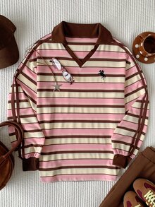 Comfortcana 女款秋冬保暖內裡拼色織帶飾邊刺繡寬鬆版型 Polo 領運動衫，休閒女式上衣 - 彩色 - 查看 5
