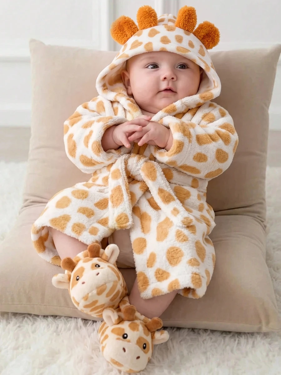 SHEIN Baby Newborn Girl Boy One-Piece Autumn Winter Romper Home Wear Fuzzy Giraffe Design - Red - View 1
